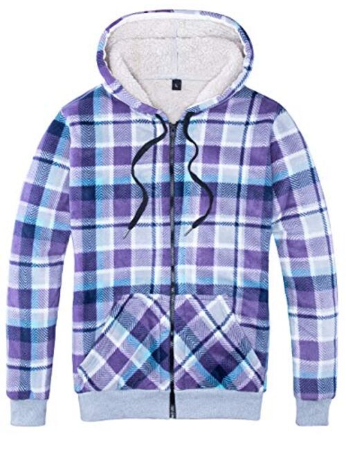 ZENTHACE Women's Sherpa Lined Zip Up Hooded Plaid Shirt Jac Sweater Jacket