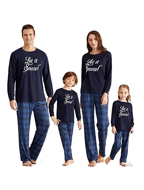 IFFEI Matching Family Pajamas Sets Christmas PJ's Letter Print Top and Plaid Pants Jammies Sleepwear