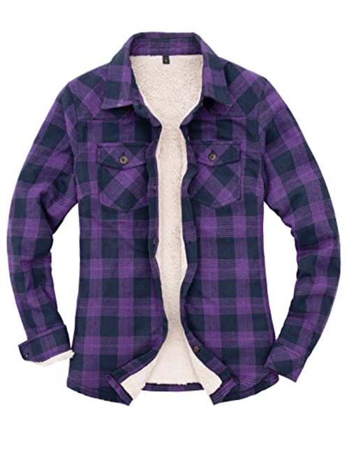 ZENTHACE Womens Sherpa Fleece Lined Flannel Jacket Button Down Plaid Flannel Shirt Jacket(All Sherpa Lining)