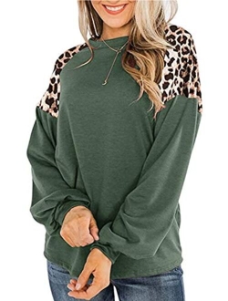 LEIYEE Womens Leopard Print Long Sleeve Shirts Fall Casual Crewneck Color Block Tops Sweatshirts