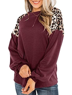 LEIYEE Womens Leopard Print Long Sleeve Shirts Fall Casual Crewneck Color Block Tops Sweatshirts