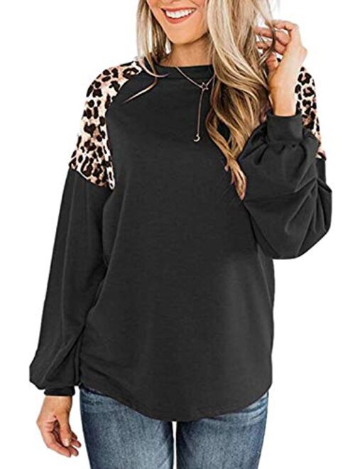 LEIYEE Womens Leopard Print Long Sleeve Shirts Fall Casual Crewneck Color Block Tops Sweatshirts