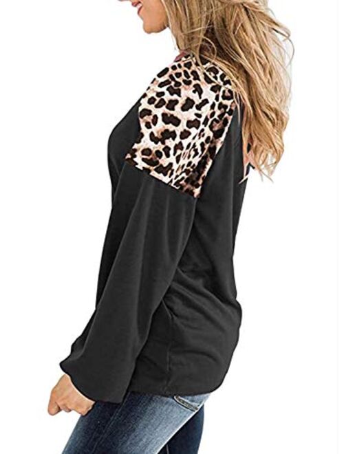 LEIYEE Womens Leopard Print Long Sleeve Shirts Fall Casual Crewneck Color Block Tops Sweatshirts