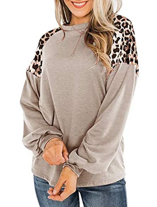 LEIYEE Womens Leopard Print Long Sleeve Shirts Fall Casual Crewneck Color Block Tops Sweatshirts