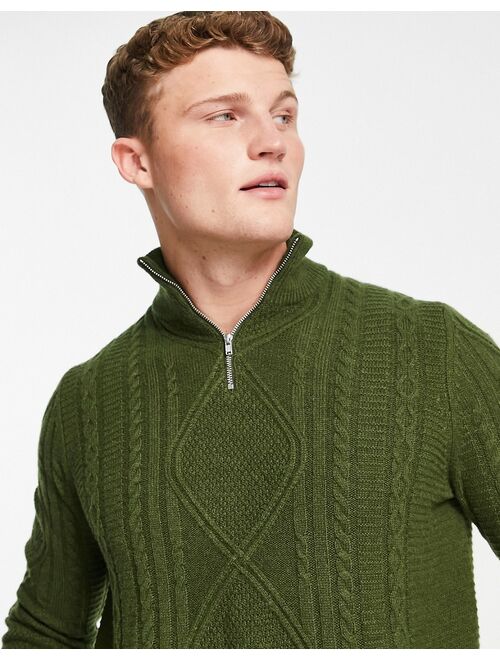 Asos Design cable knit lambswool half zip sweater in khaki