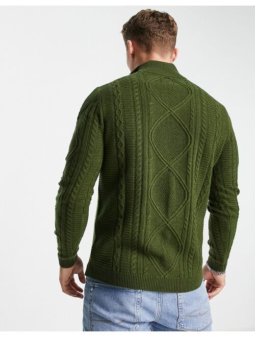 Asos Design cable knit lambswool half zip sweater in khaki