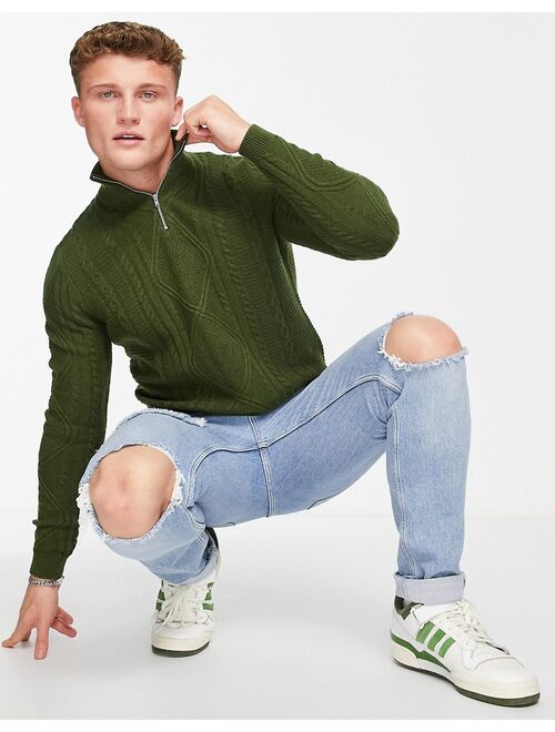 Asos Design cable knit lambswool half zip sweater in khaki