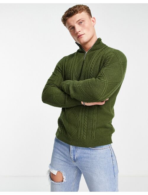 Asos Design cable knit lambswool half zip sweater in khaki