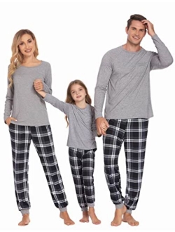 Family Matching Pajamas Christmas Sleepwear Long Sleeve Sleep Shirt with Plaid Pants Soft Loungewear Pjs Set S-XXL