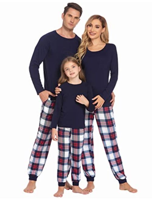 Ekouaer Family Matching Pajamas Christmas Sleepwear Long Sleeve Sleep Shirt with Plaid Pants Soft Loungewear Pjs Set S-XXL