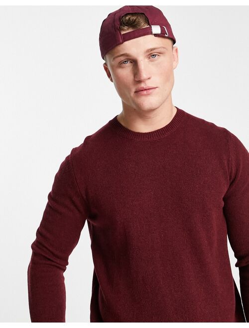 Asos Design lambswool crew neck sweater in burgundy