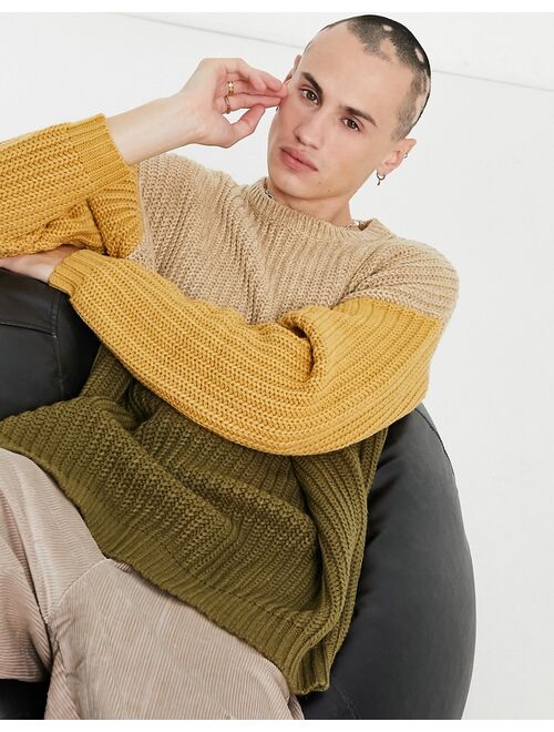 Asos Design heavyweight fisherman rib crew neck sweater in color blocking