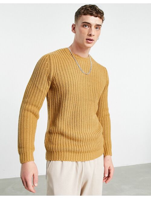 Asos Design heavyweight fisherman rib crew neck sweater in tan