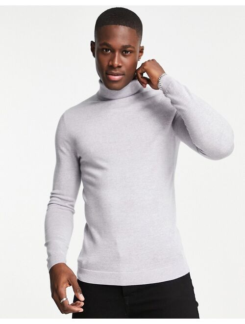 Asos Design muscle fit merino wool roll neck sweater in light gray