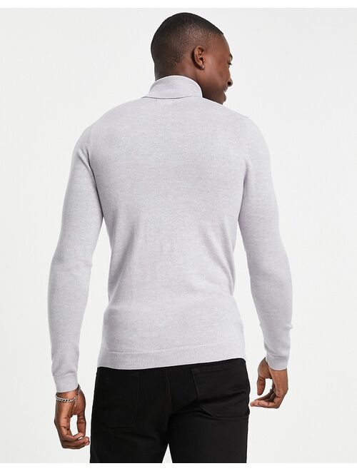 Asos Design muscle fit merino wool roll neck sweater in light gray