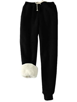 HeSaYep Women's Warm Sherpa Lined Sweatpants Drawstring Athletic Jogger Fleece Pants with Pockets