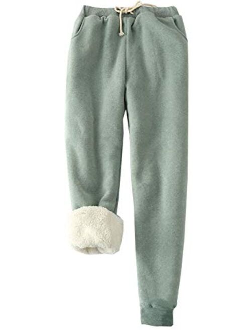 HeSaYep Women's Warm Sherpa Lined Sweatpants Drawstring Athletic Jogger Fleece Pants with Pockets