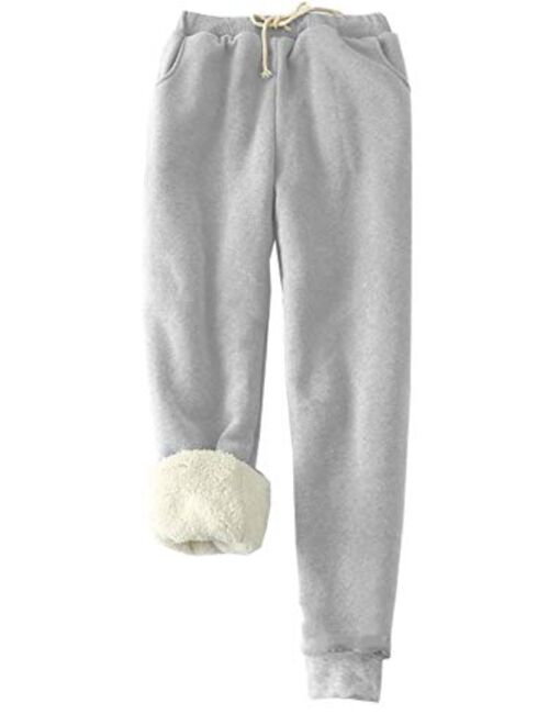 HeSaYep Women's Warm Sherpa Lined Sweatpants Drawstring Athletic Jogger Fleece Pants with Pockets