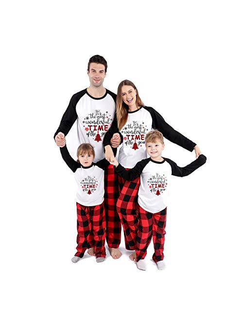 Matching Christmas Family Pajamas Set, Holiday Cute Print Top and Plaid Pants Pjs Set for Women, Men, Kids, Couples