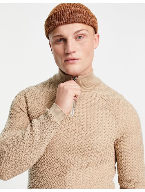 Buy Asos Design muscle fit textured knit half zip sweater in beige