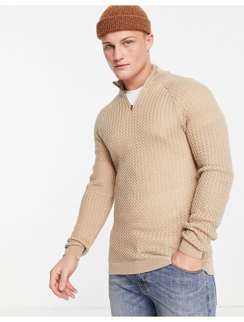 Asos Design muscle fit textured knit half zip sweater in beige