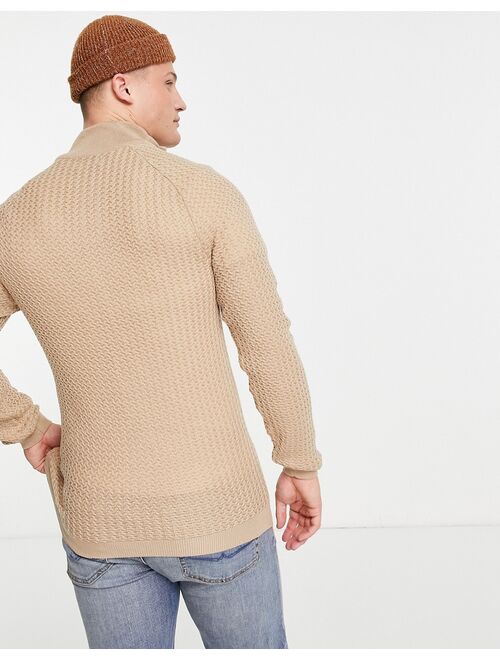 Asos Design muscle fit textured knit half zip sweater in beige