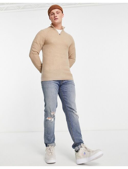 Asos Design muscle fit textured knit half zip sweater in beige