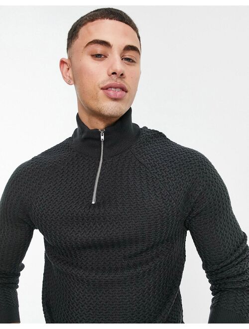 Asos Design muscle fit textured knit half zip sweater in charcoal