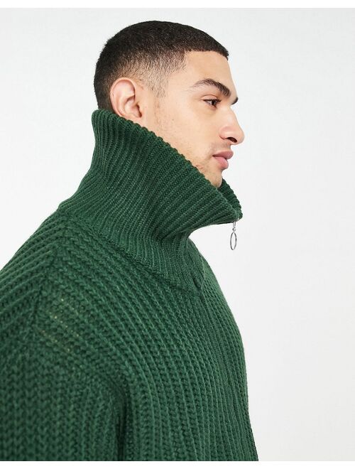 Asos Design heavyweight fisherman ribbed zip up sweater in green