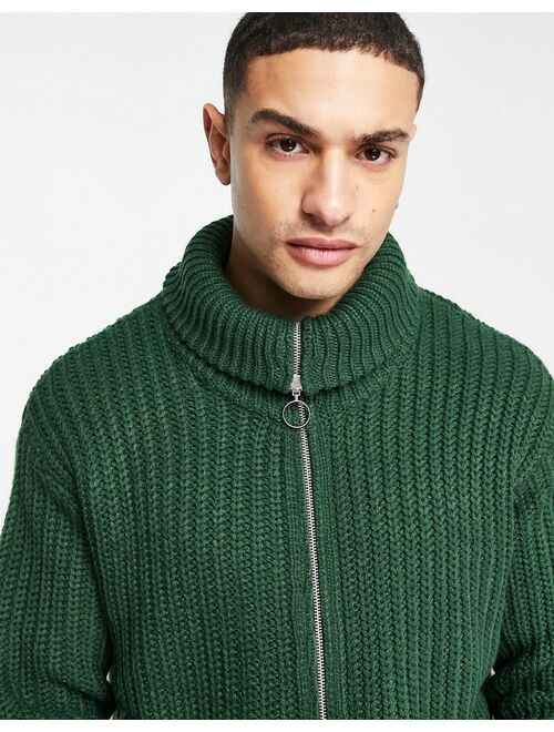 Asos Design heavyweight fisherman ribbed zip up sweater in green