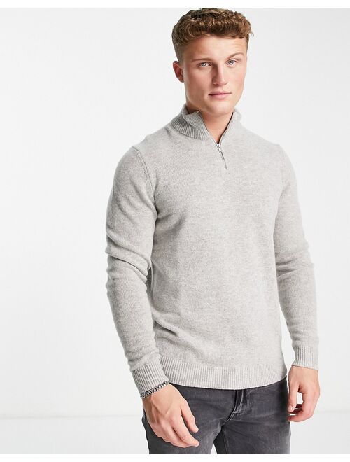 Asos Design lambswool half zip sweater in light gray