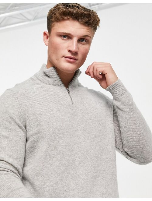 Asos Design lambswool half zip sweater in light gray