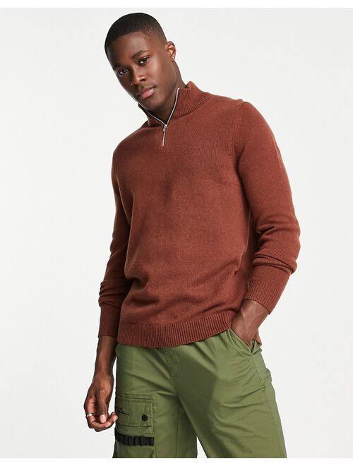 Asos Design lambswool half zip sweater in brown