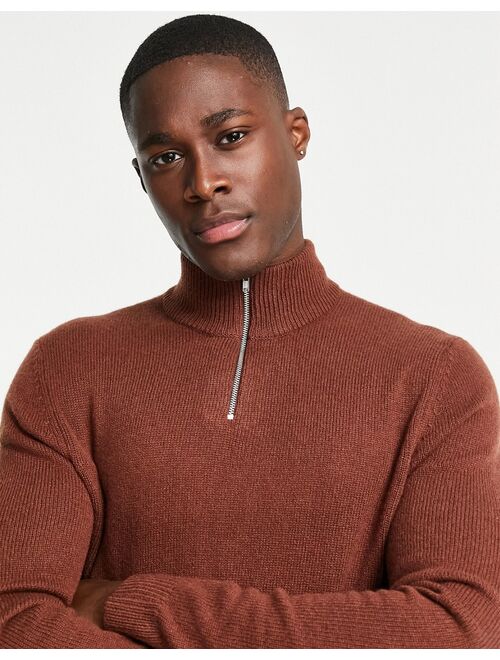 Asos Design lambswool half zip sweater in brown