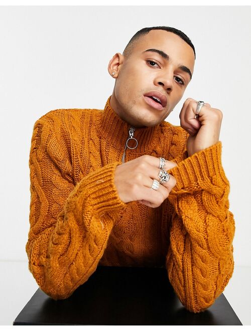 Asos Design heavyweight cable knit half zip sweater in mustard