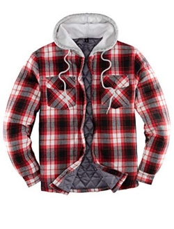 ZENTHACE Men's Quilted Lined Button Down Plaid Flannel Shirt Jacket with Hood