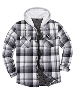 ZENTHACE Men's Quilted Lined Button Down Plaid Flannel Shirt Jacket with Hood