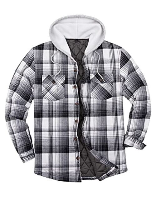 ZENTHACE Men's Quilted Lined Button Down Plaid Flannel Shirt Jacket with Hood