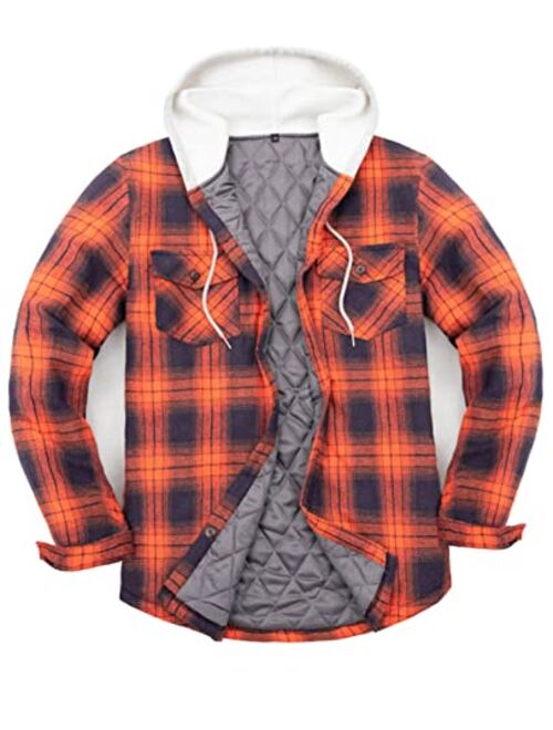 ZENTHACE Men's Quilted Lined Button Down Plaid Flannel Shirt Jacket with Hood