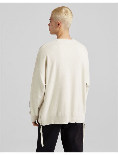 Bershka oversized sweater with zips in ecru