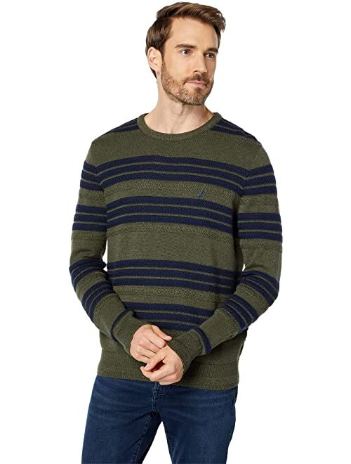 Nautica Ribbed-Button Striped Crew Neck Pullover Sweater