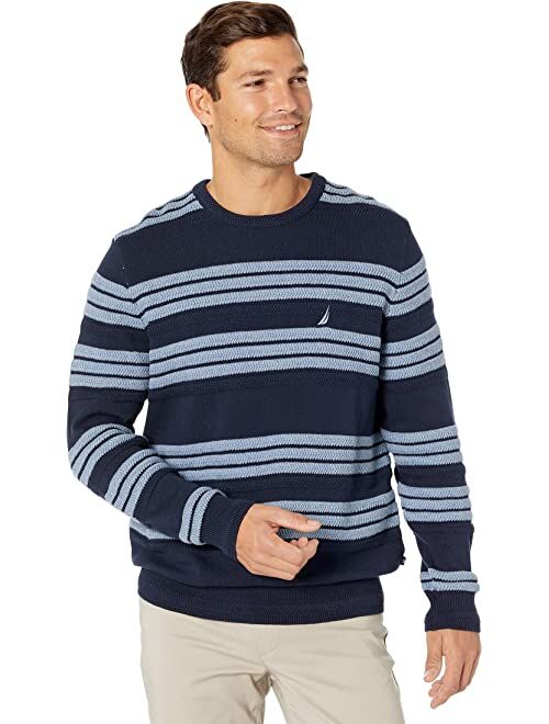 Nautica Ribbed-Button Striped Crew Neck Pullover Sweater