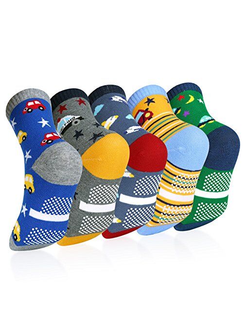 OOPOR Kids Cotton Crew Socks with Grip - 5 Pack Boys Girl Winter Athletic Sport Ankle Sock Set 6-12 Year