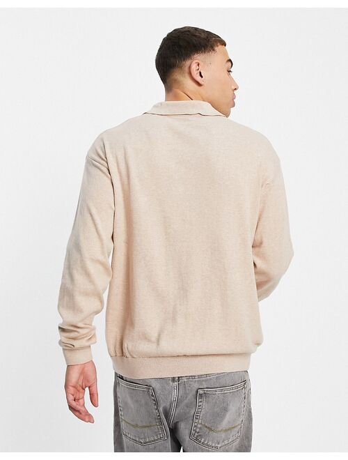 New Look relaxed knitted sweater with revere collar in stone