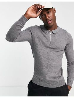 muscle fit knitted zip neck sweater in gray