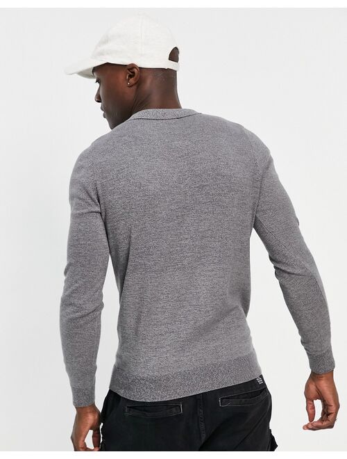 New Look muscle fit knitted zip neck sweater in gray