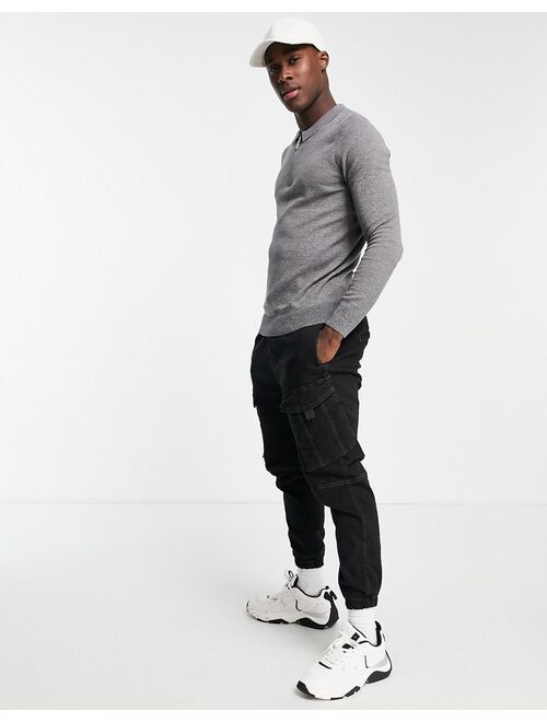 New Look muscle fit knitted zip neck sweater in gray