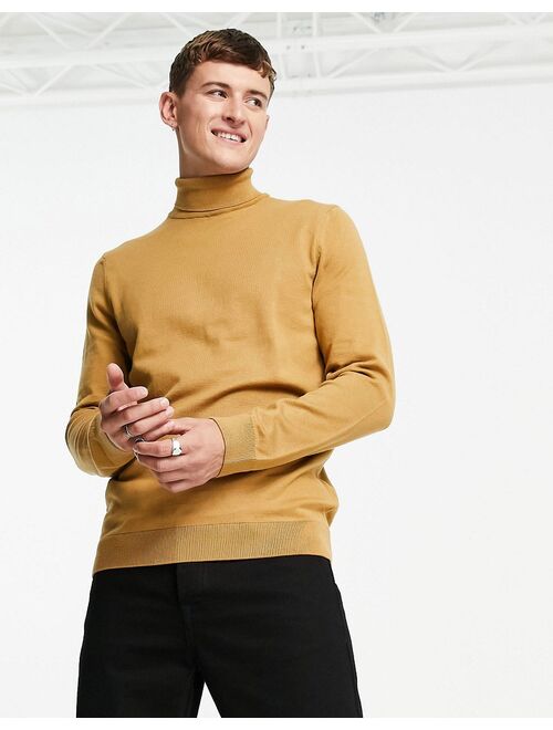 New Look roll neck knitted sweater in camel