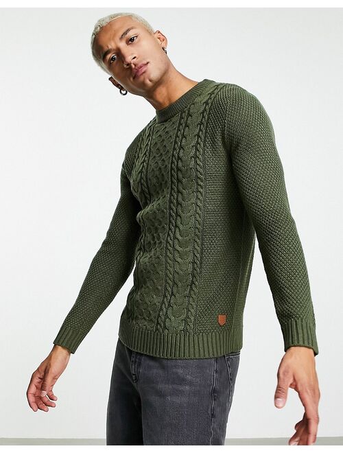 Jack & Jones Originals cable knit sweater in khaki