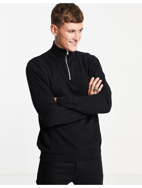 Jack & Jones Essentials quarter zip sweater in black